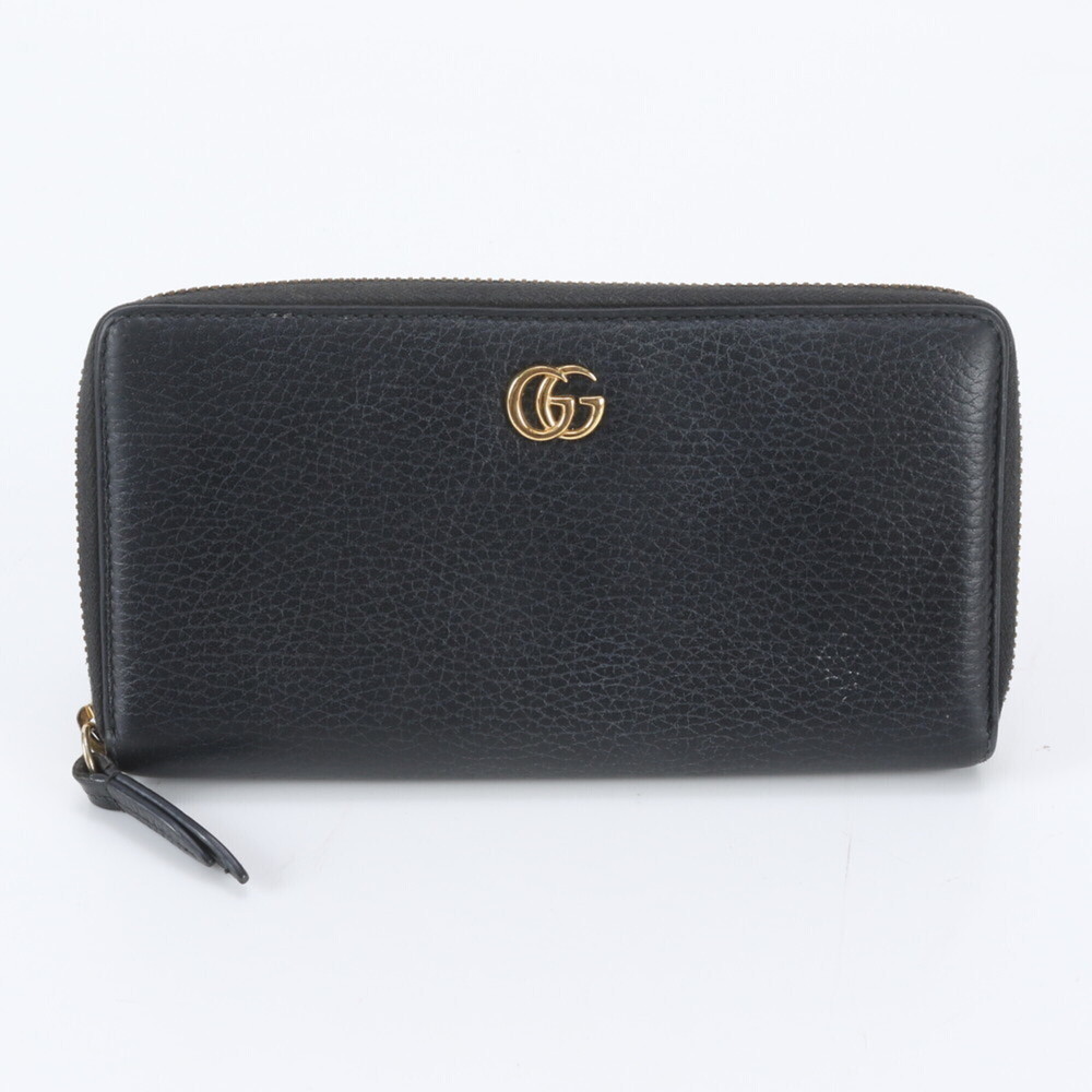 Gucci GG Marmont 456117 Leather Long Wallet, Round Zipper, Black, Women's